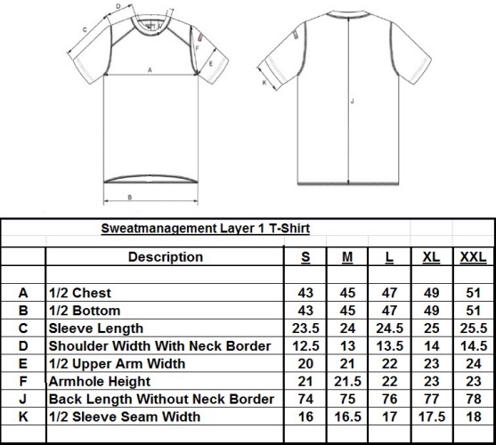L mesurement chart For sweatmanagement layer 1 T shirt